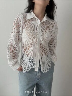 White Lace Button-Front Women's Top